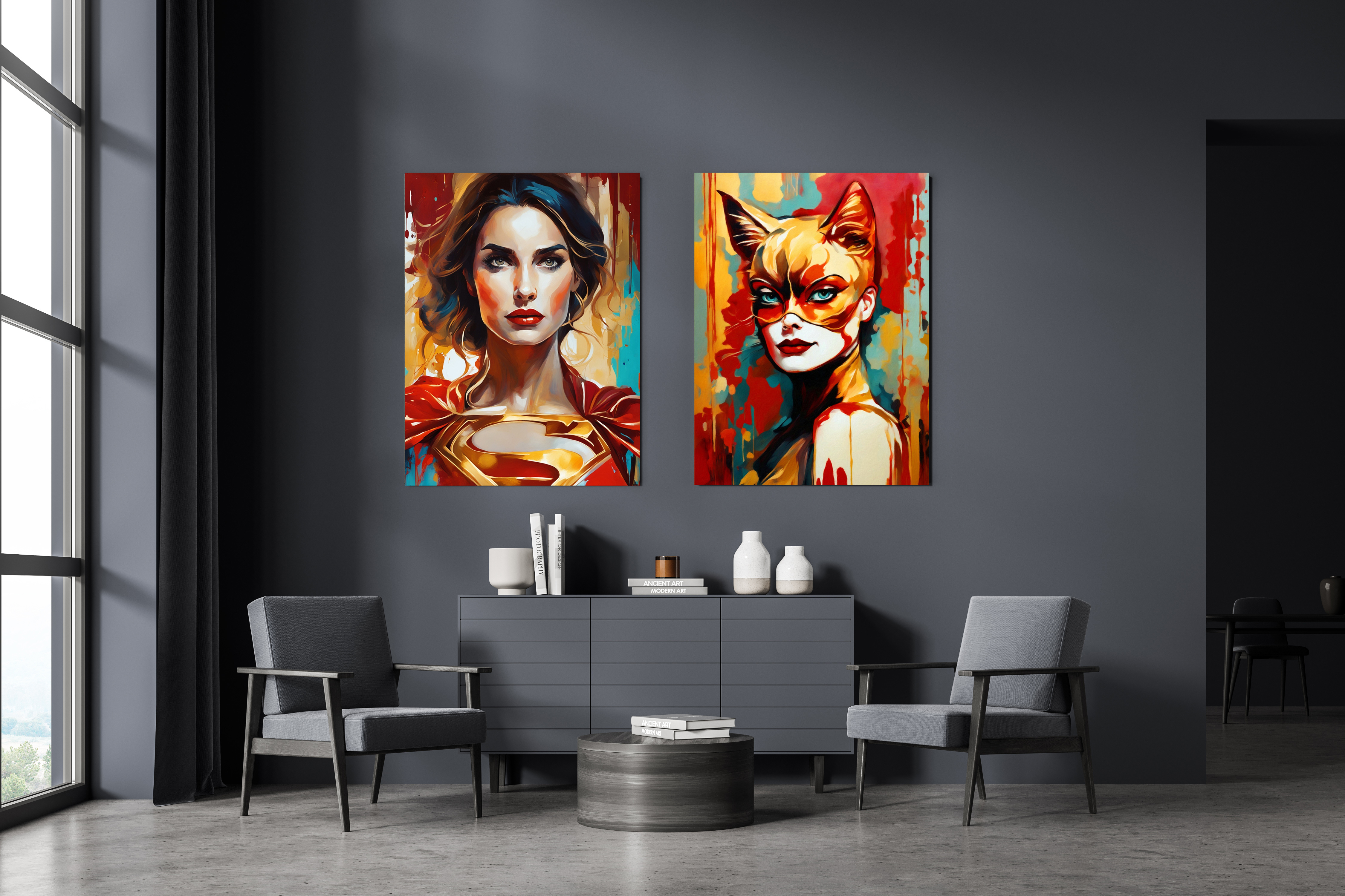 Catwoman und superwoman mom -pop art gemälde peggy liebenow