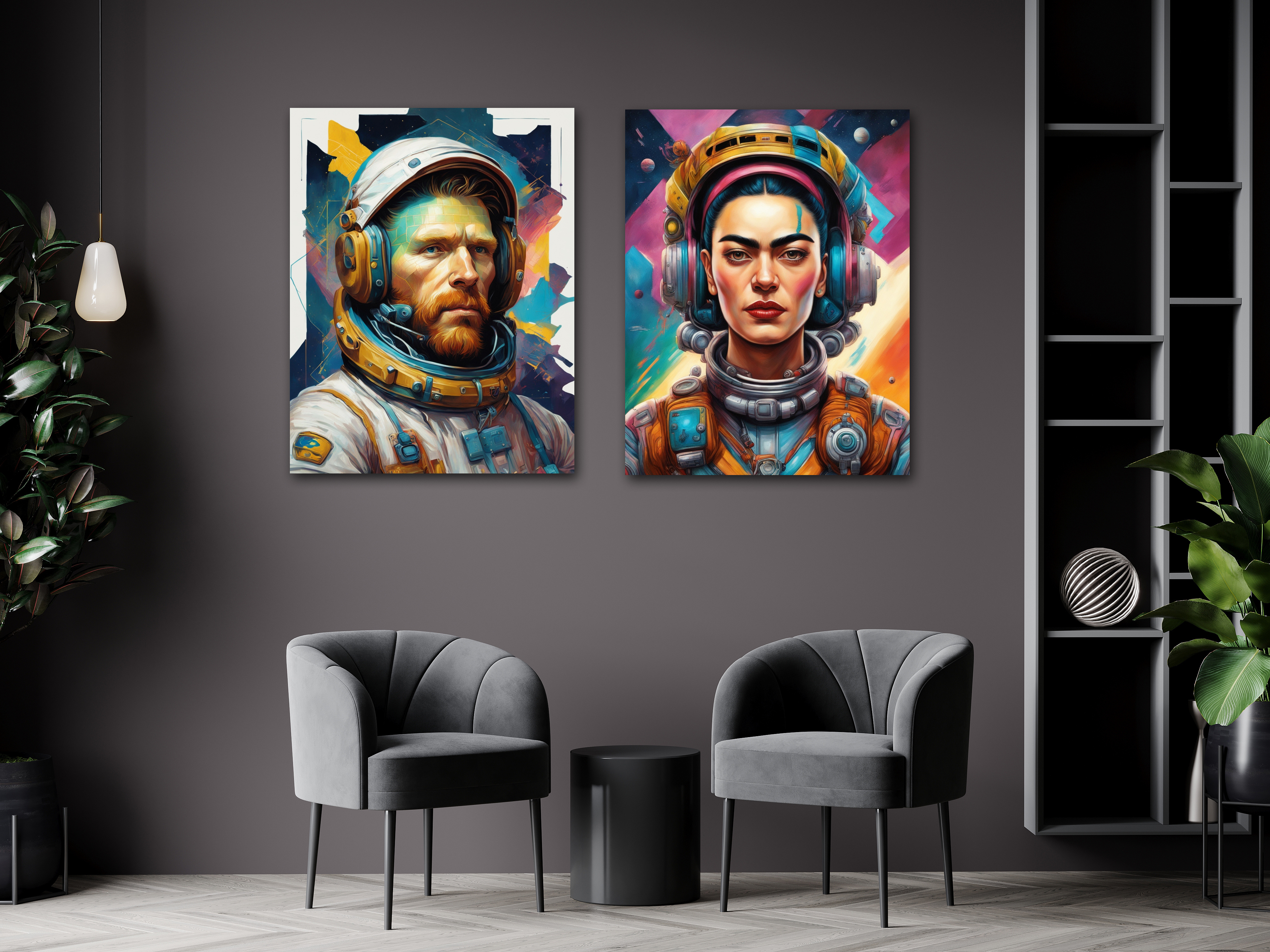 Frida kahlo und van Gogh astronaut -Pop Art Gemälde unikat handgemalt bunt -peggy liebenow